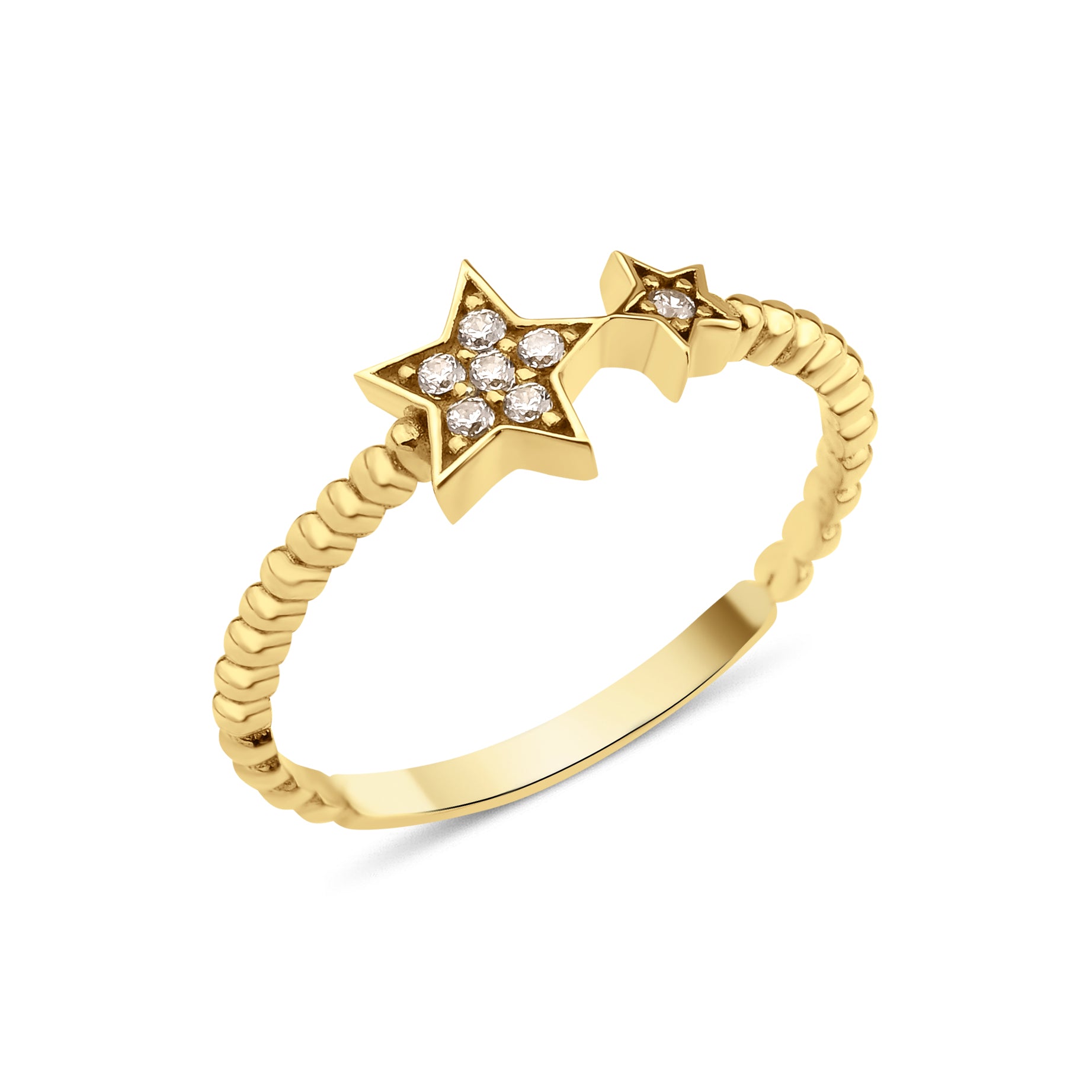 twin star ring in yellow gold on a white background