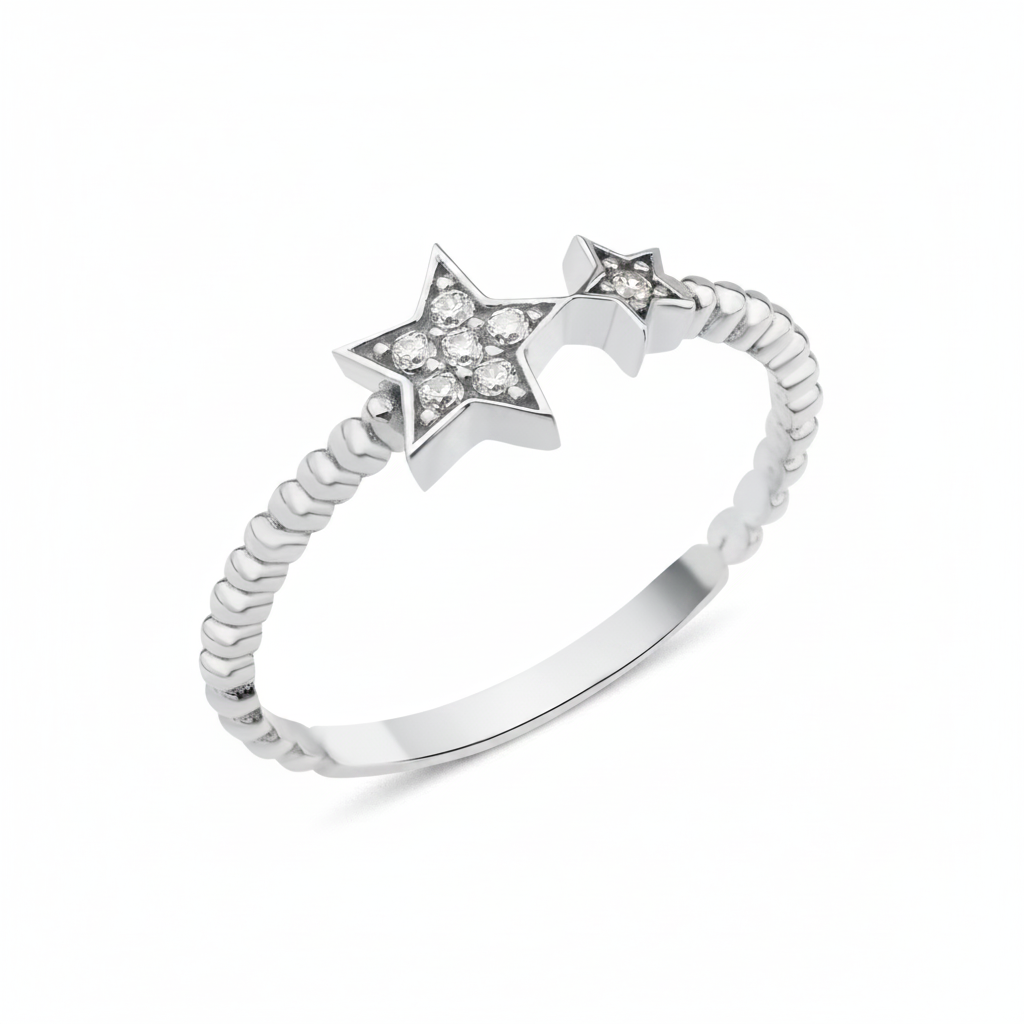 twin star ring in white gold on a white background