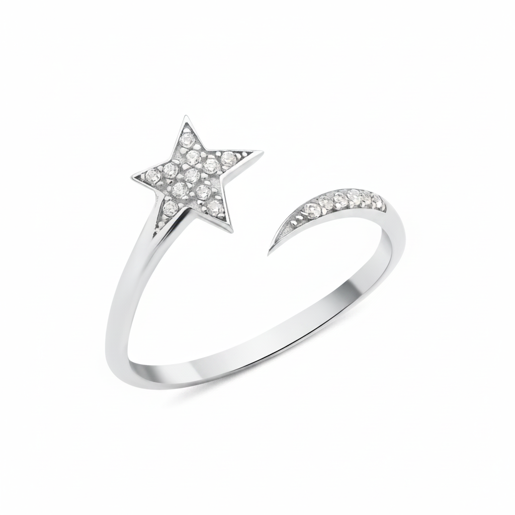 open star ring with a trailing arc in white gold on a white background