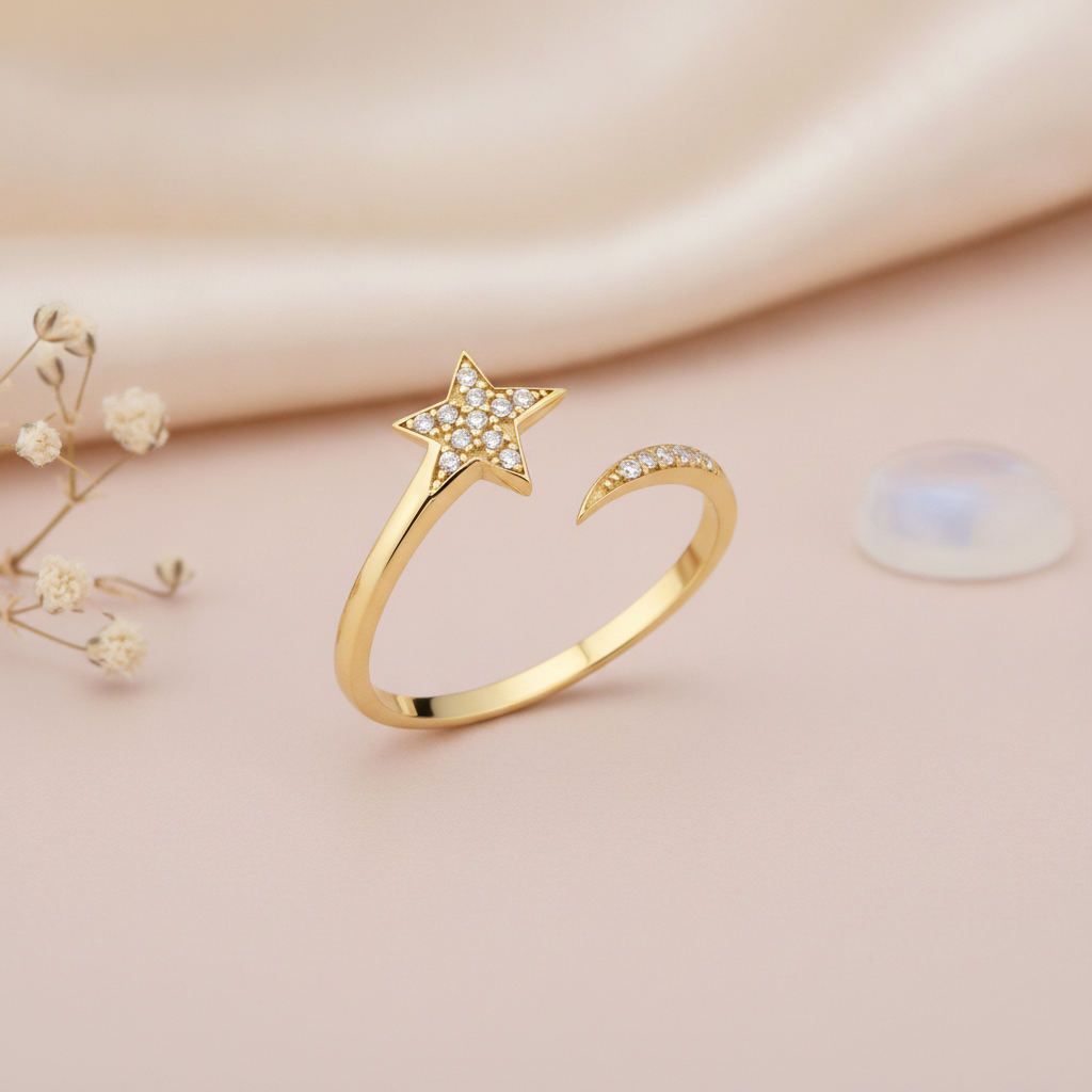 gold open ring with a stone-set star and a curved trailing arc on a pink backdrop with dried flowers and a moonstone