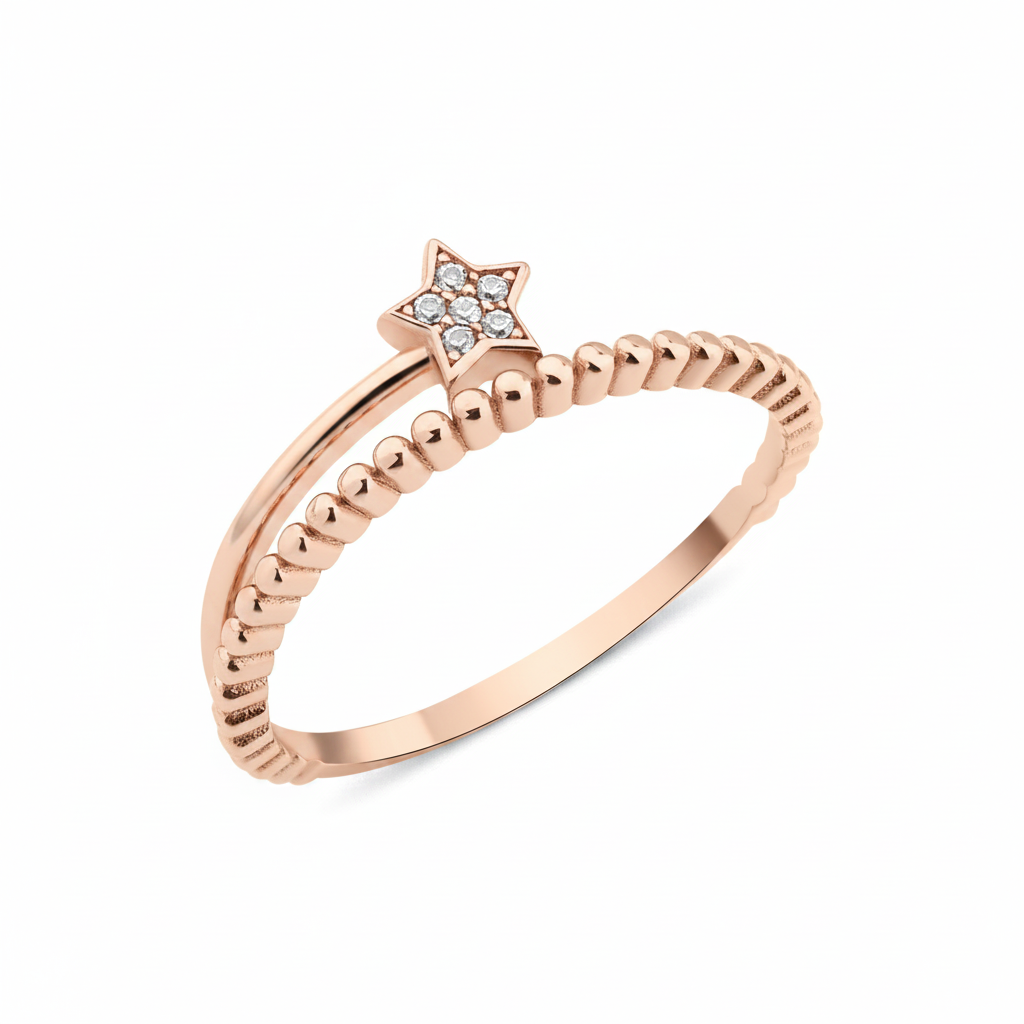 textured star band ring in rose gold on a white background