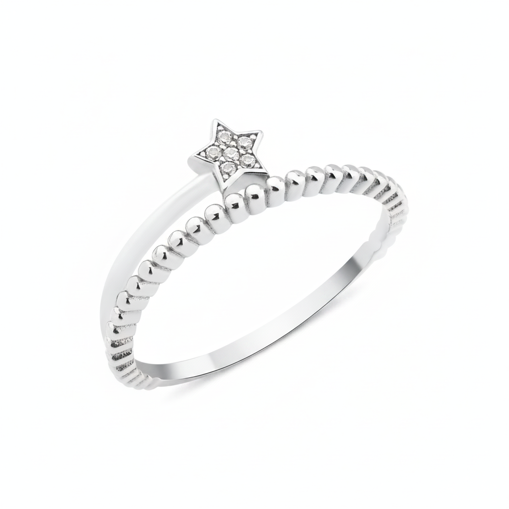 textured star band ring in white gold on a white background