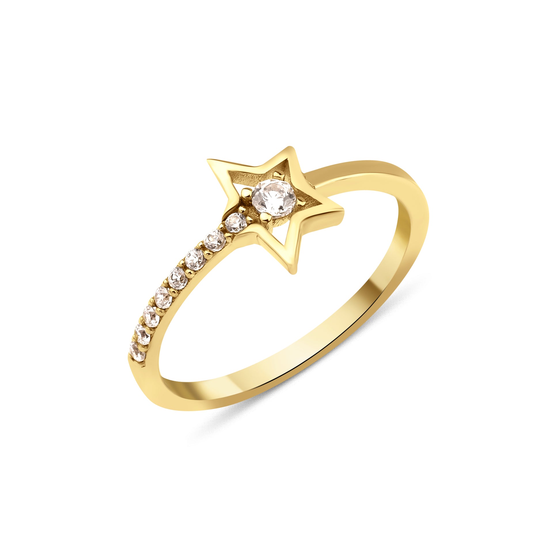 open star ring with a stone trail in yellow gold on a white background