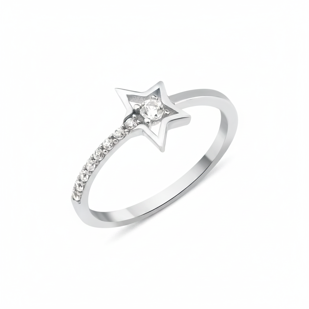 open star ring with a stone trail in white gold on a white background