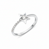 open star ring with a stone trail in white gold on a white background