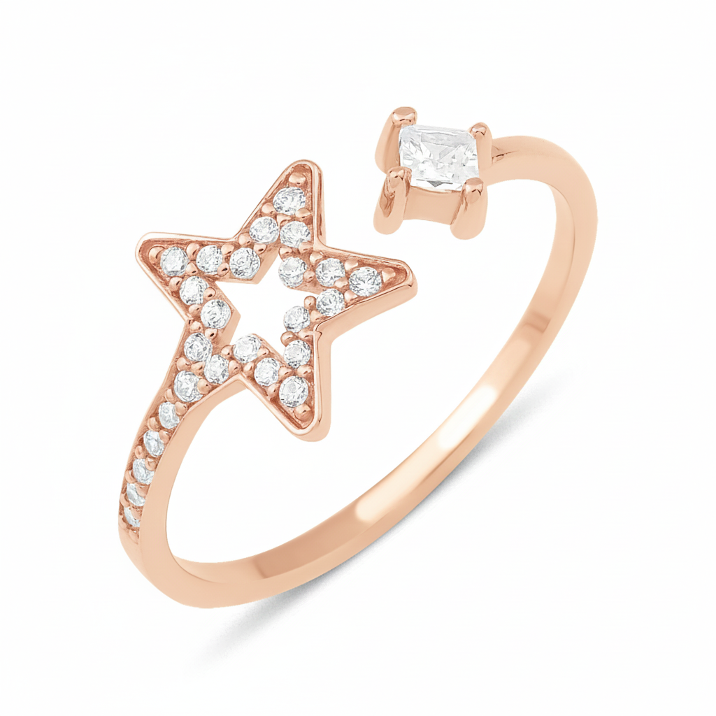 star bypass ring in rose gold on a white background