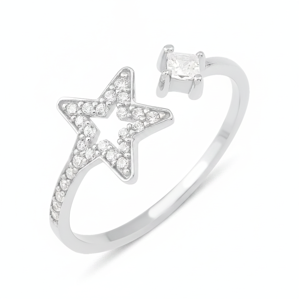 star bypass ring in white gold on a white background