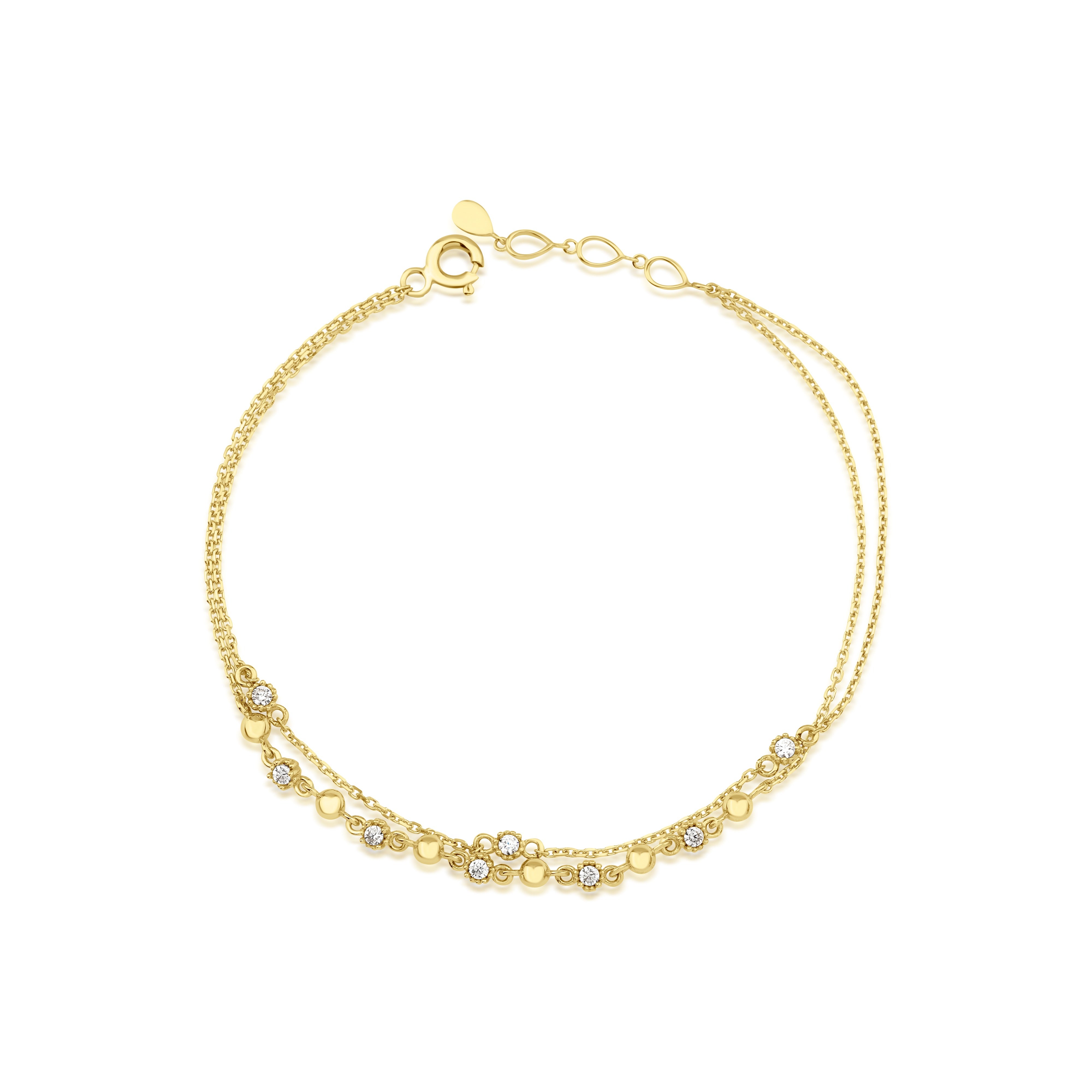double-strand beaded chain bracelet in yellow gold on a white background
