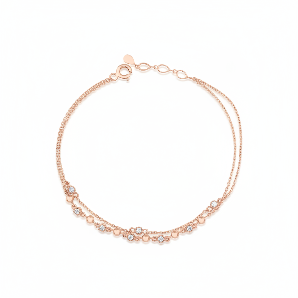 double-strand beaded chain bracelet in rose gold on a white background