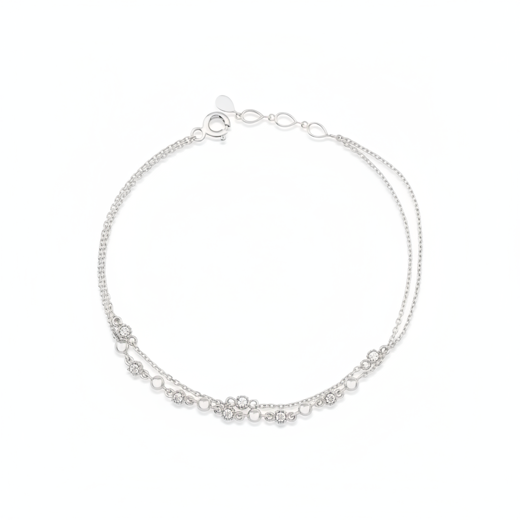 double-strand beaded chain bracelet in white gold on a white background