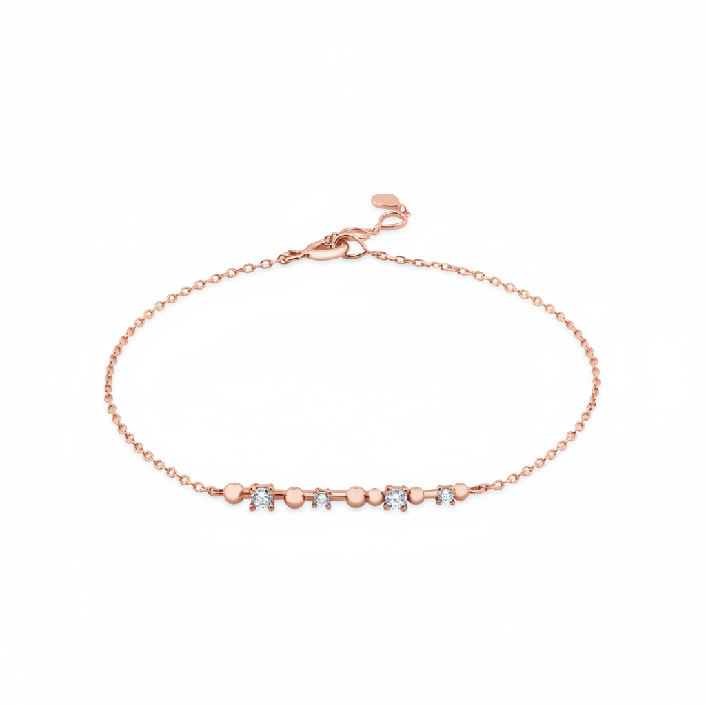 beaded bar chain bracelet in rose gold on a white background