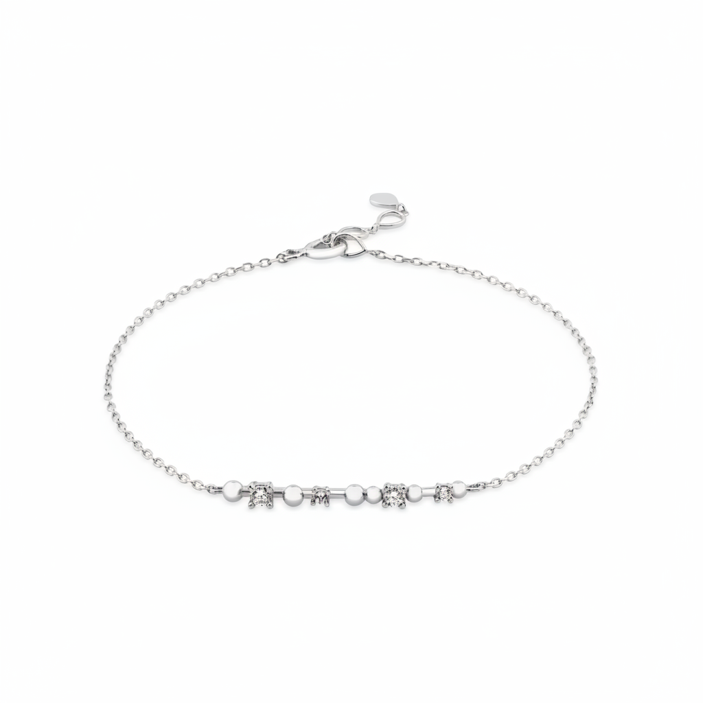 beaded bar chain bracelet in white gold on a white background