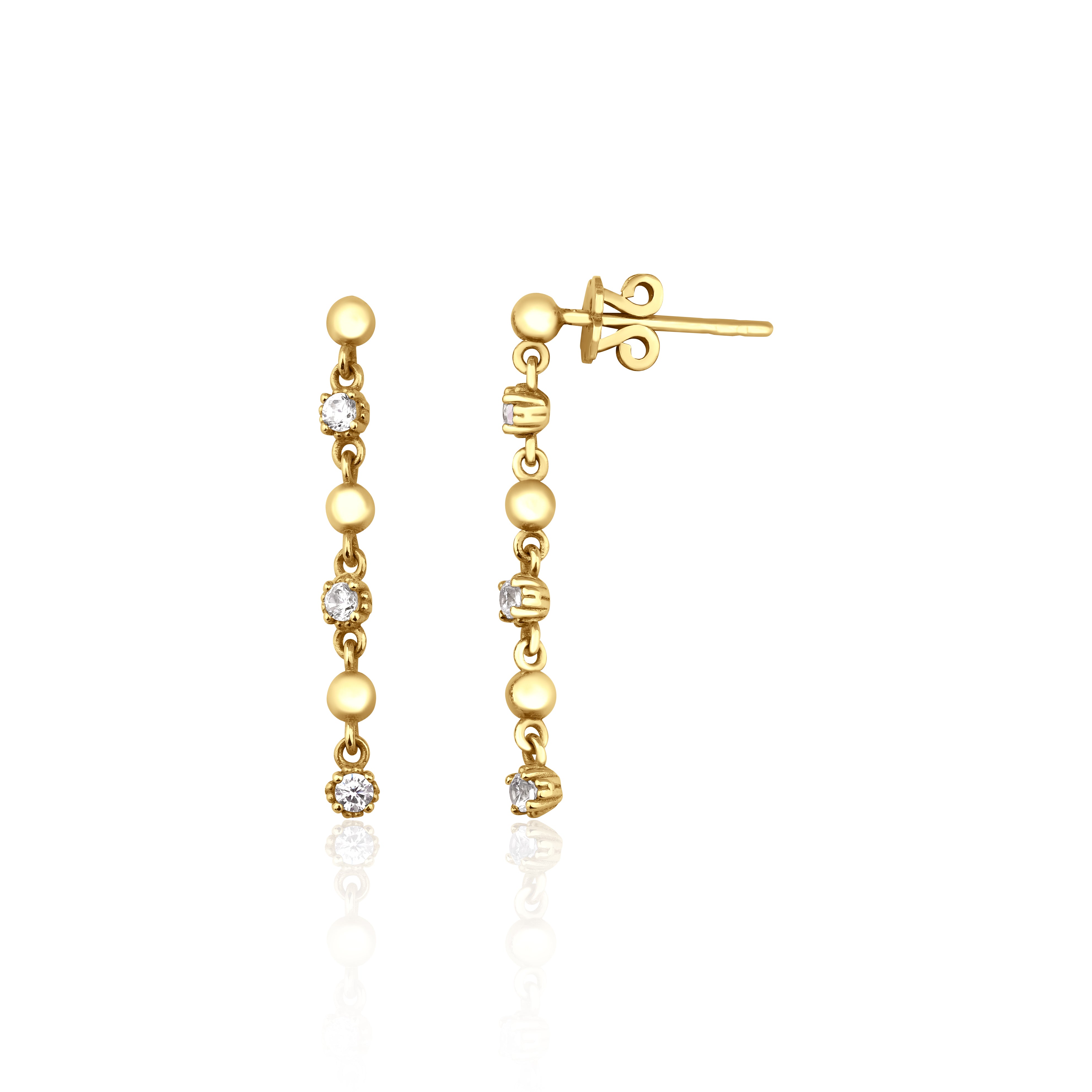 linear drop earrings in yellow gold on a white background