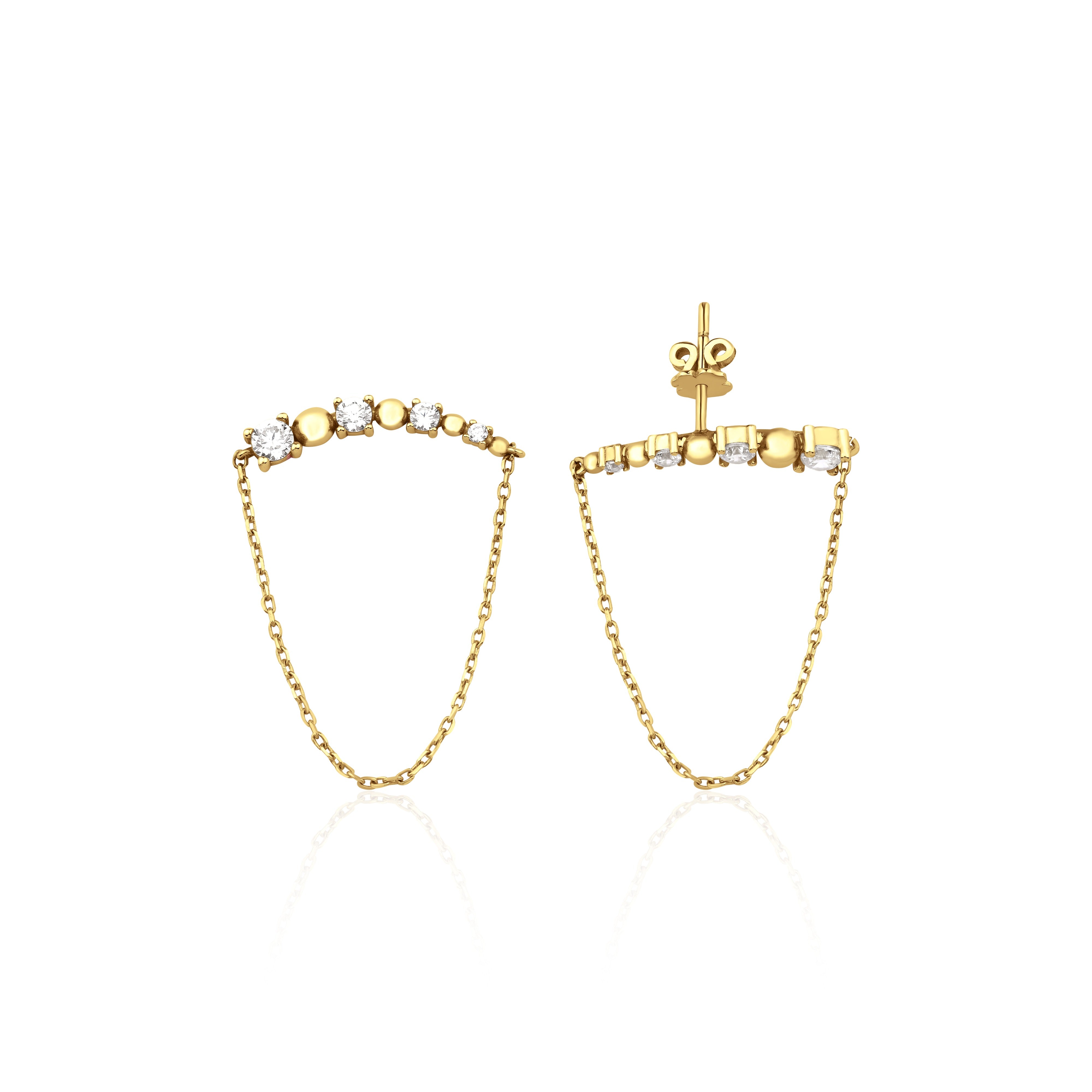 draped bar earrings in yellow gold on a white background