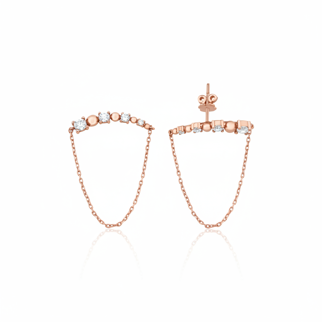 draped bar earrings in rose gold on a white background