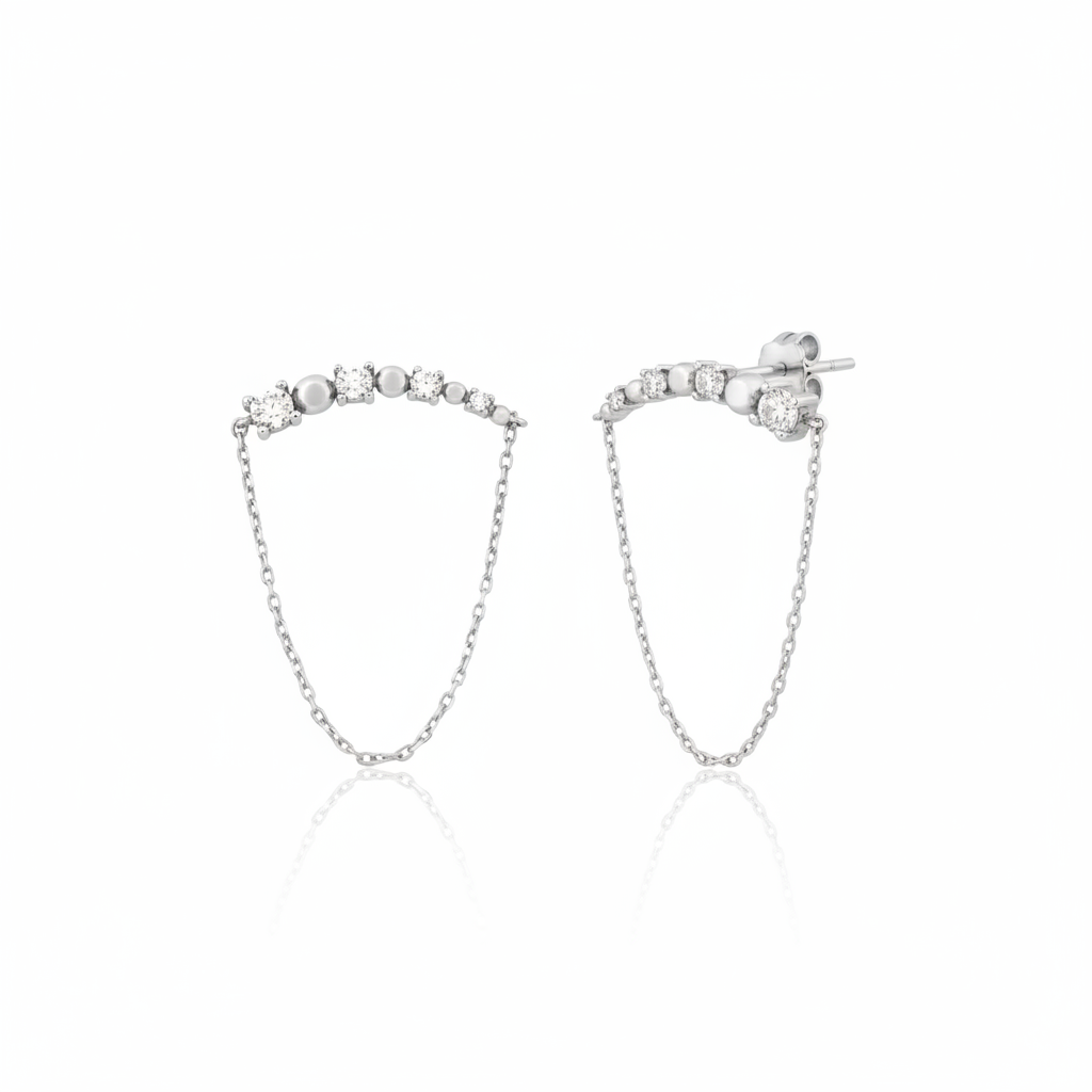 draped bar earrings in white gold on a white background