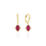 crimson drop hoop earrings in yellow gold on a white background