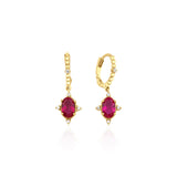 crimson drop hoop earrings in yellow gold on a white background