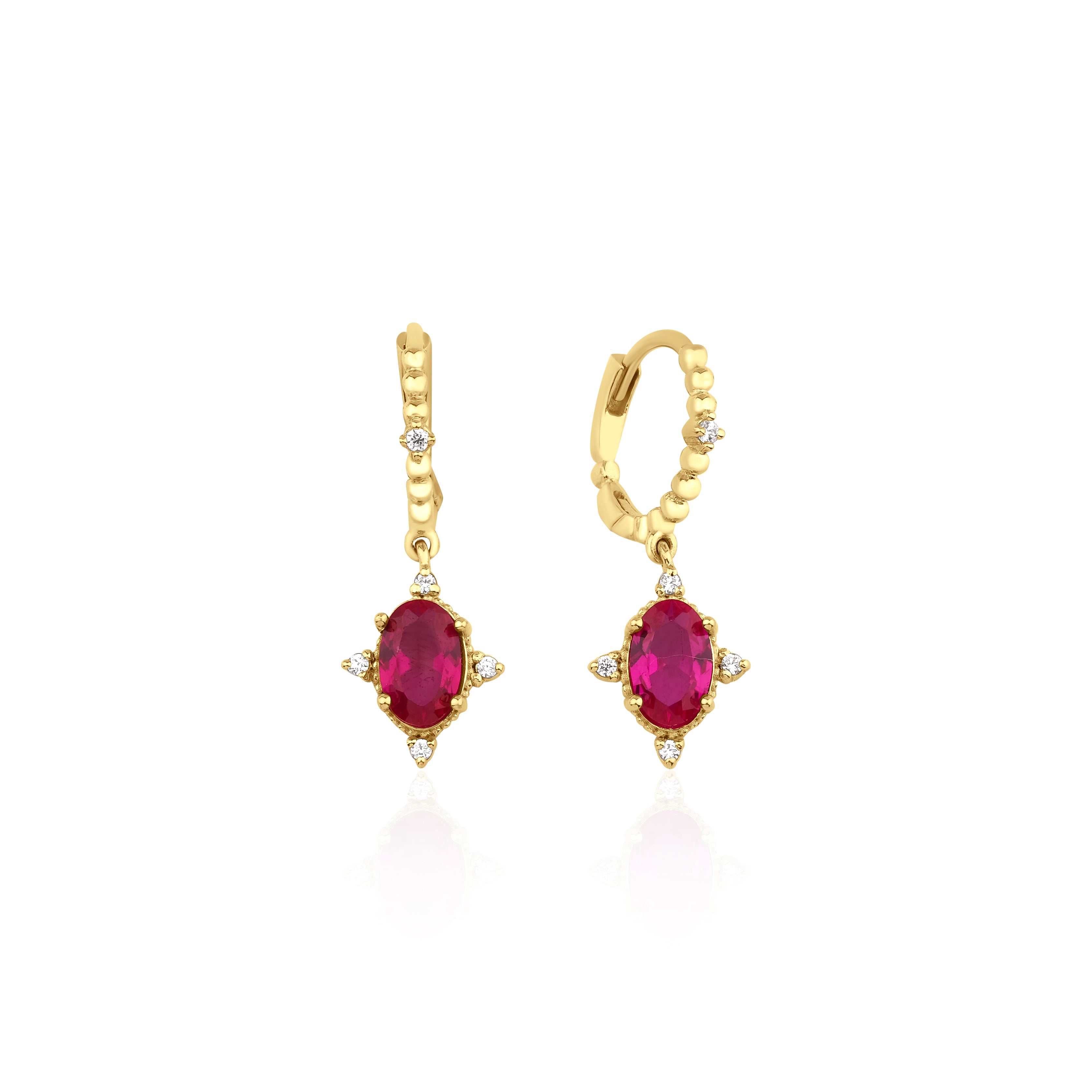 crimson drop hoop earrings in yellow gold on a white background