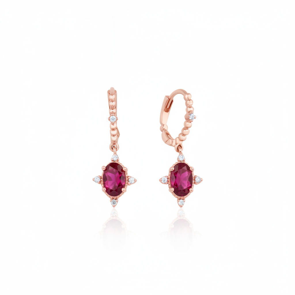 crimson drop hoop earrings in rose gold on a white background