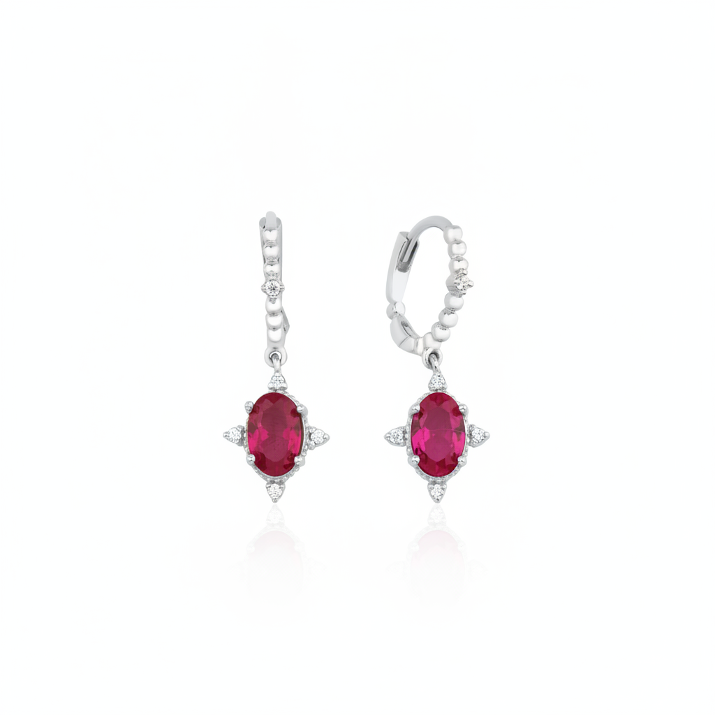 crimson drop hoop earrings in white gold on a white background