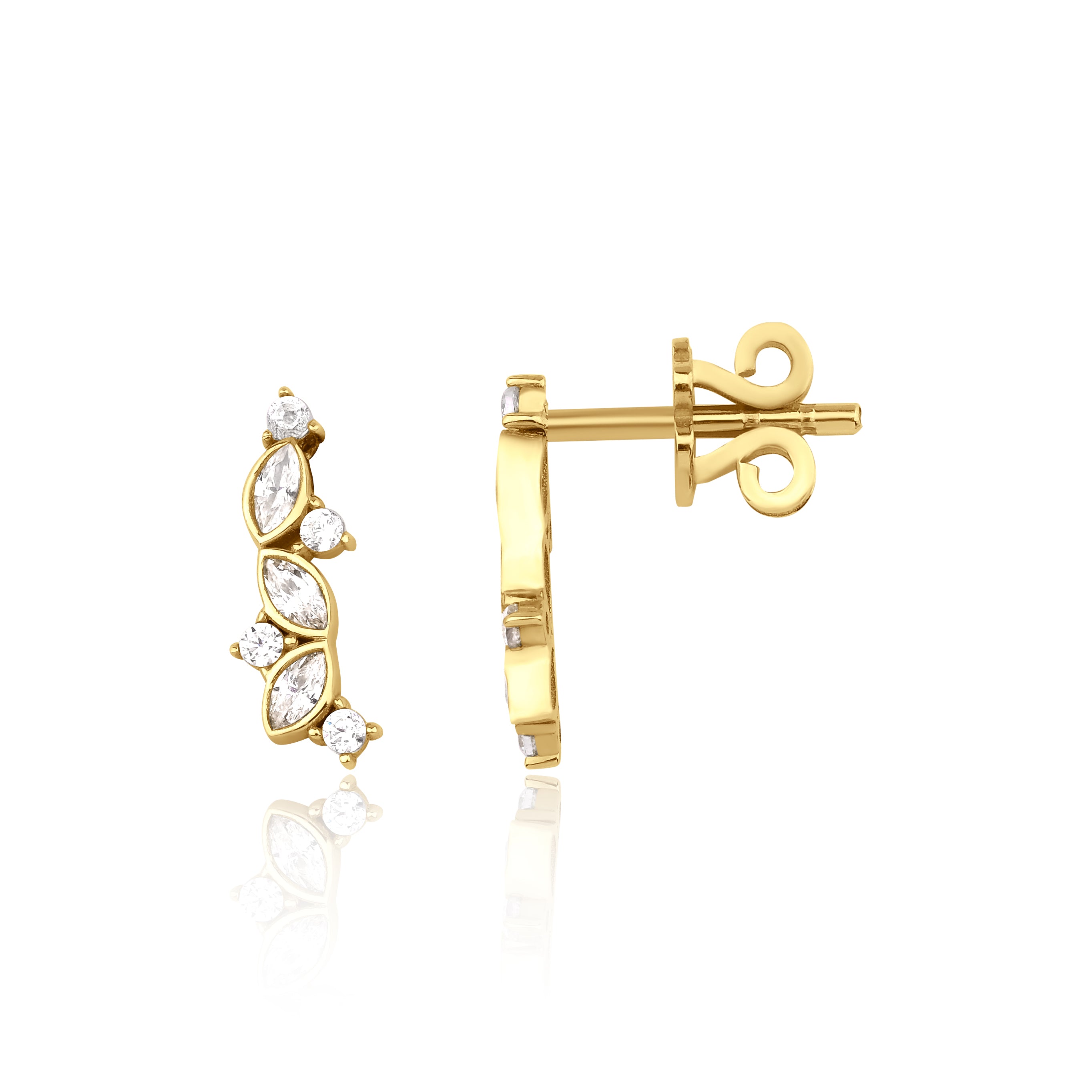 marquise ear climber earrings in yellow gold on a white background