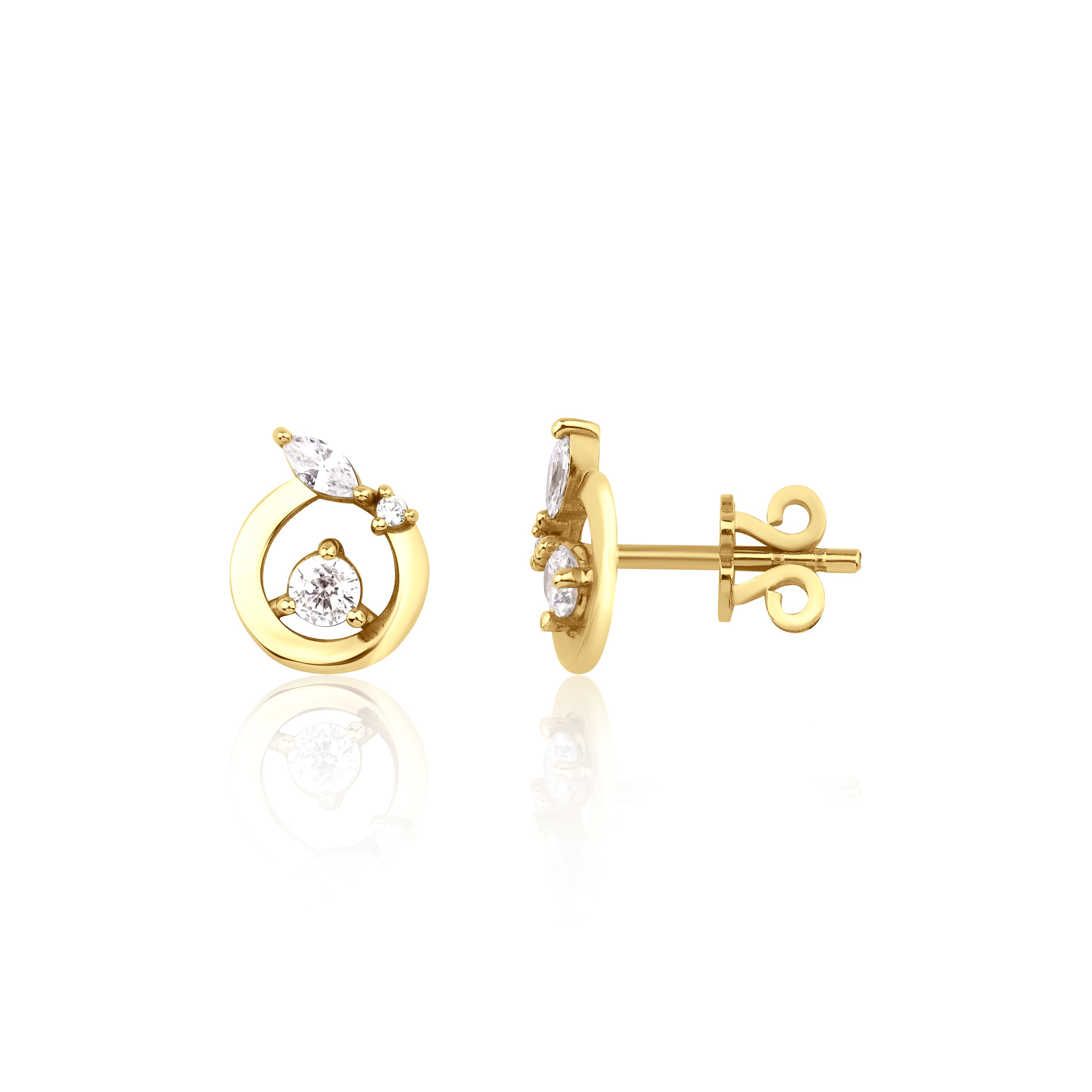 open circle stud earrings in yellow gold on a white background