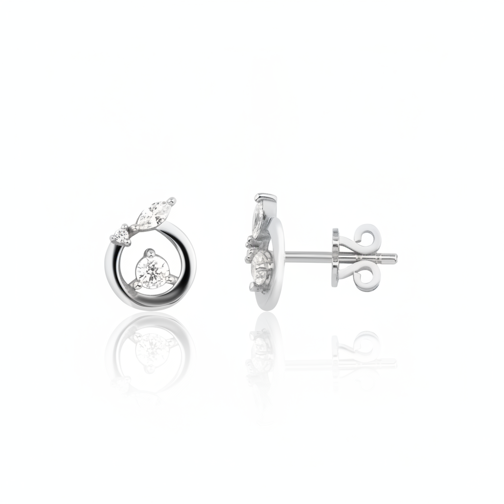 open circle stud earrings in white gold on a white background