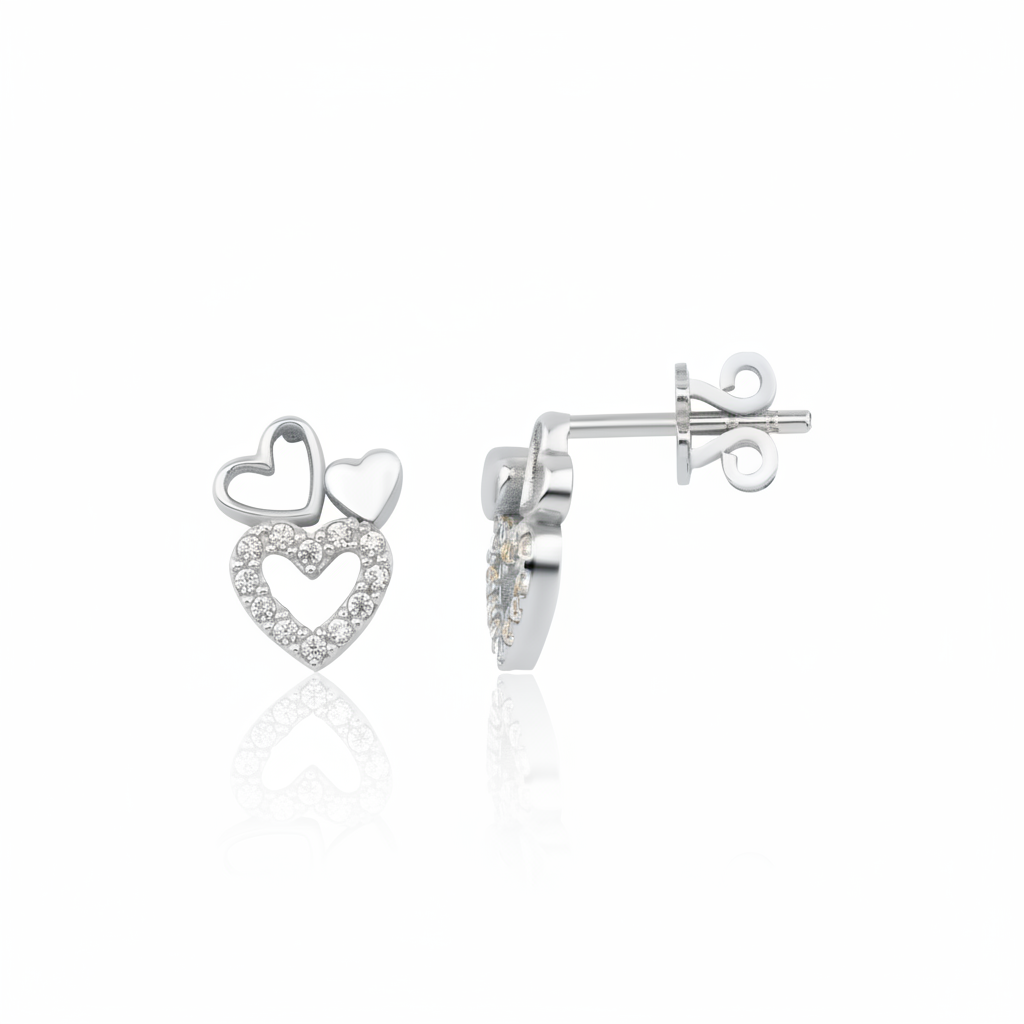 heart stud earrings in white gold on a white background