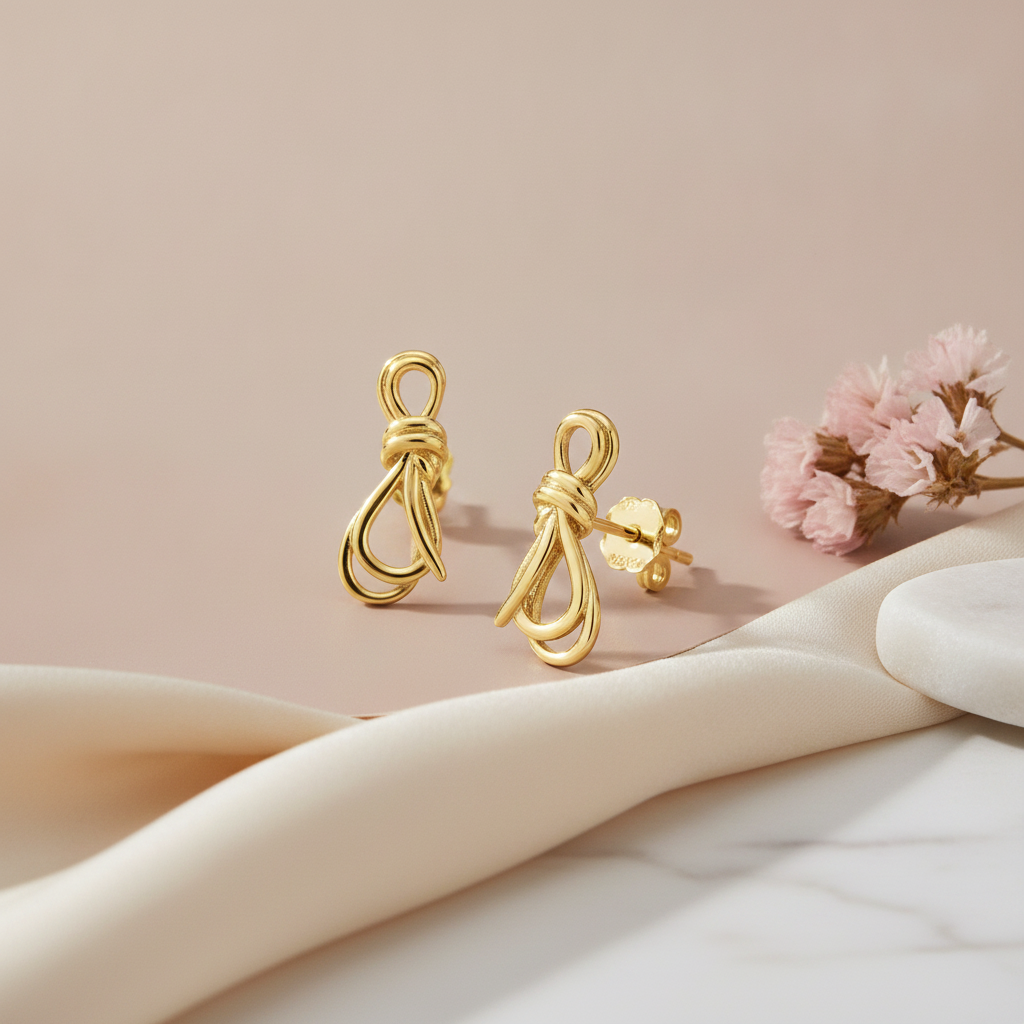 gold knot stud earrings with interlocking loops on a pink backdrop with dried pink flowers and a marble surface