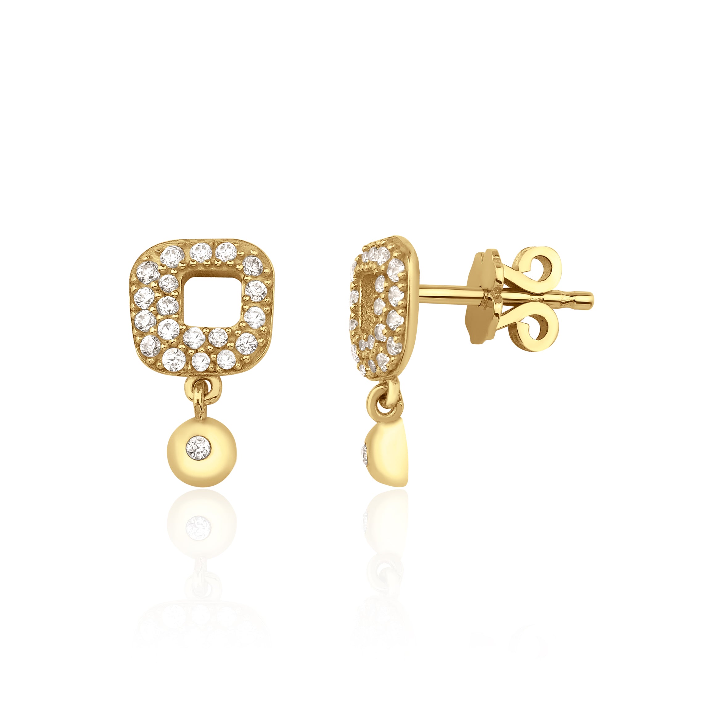 open-square drop earrings in yellow gold on a white background