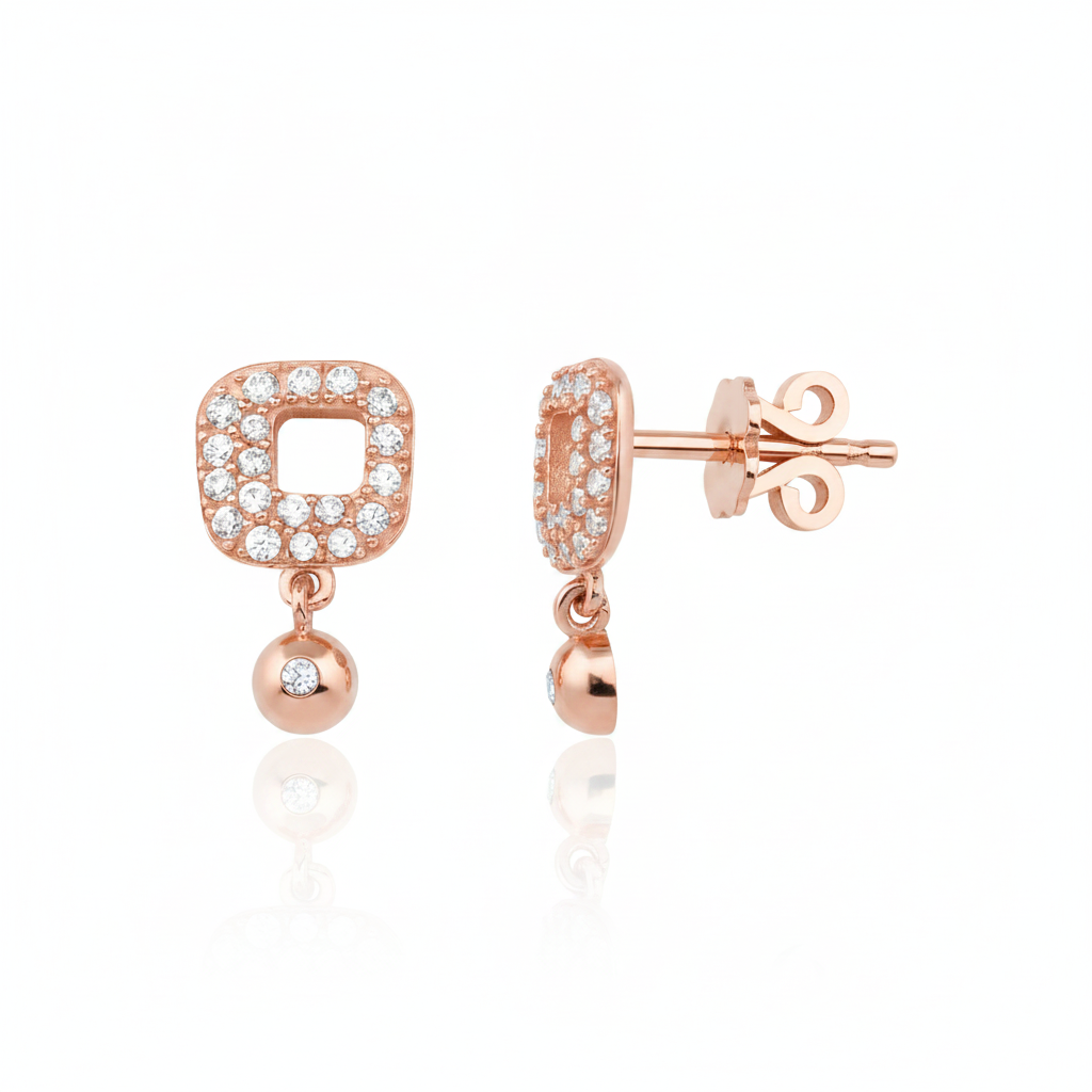 open-square drop earrings in rose gold on a white background