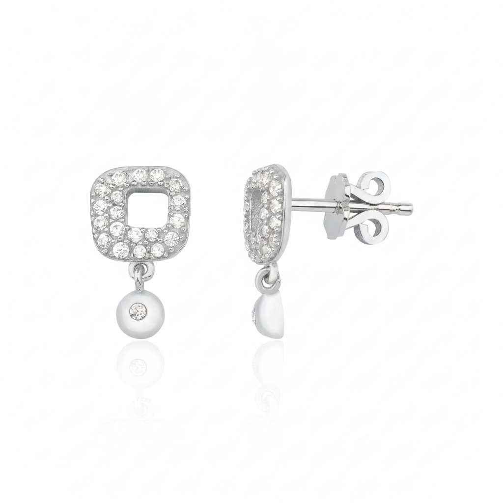 open-square drop earrings in white gold on a white background