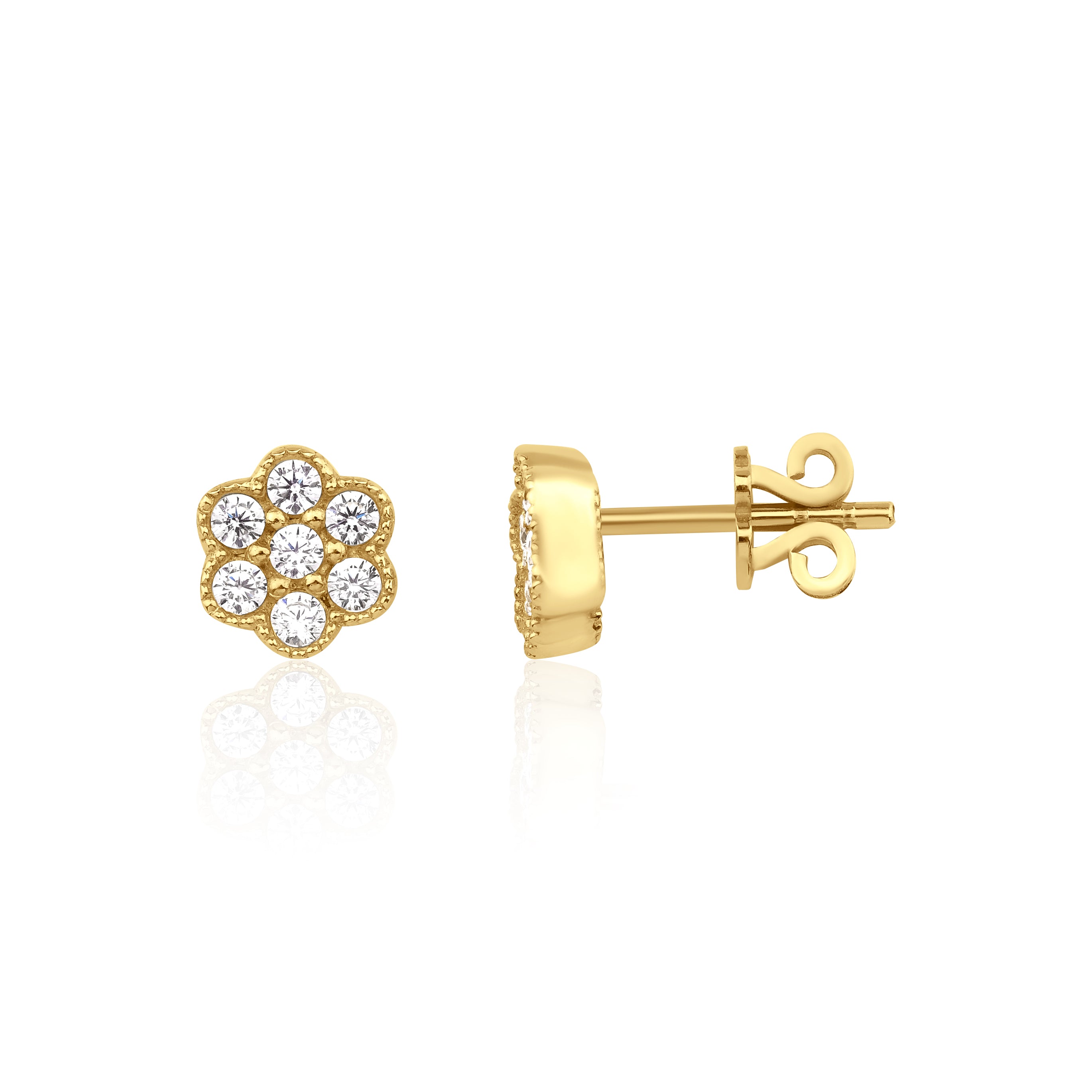 flower cluster stud earrings in yellow gold on a white background