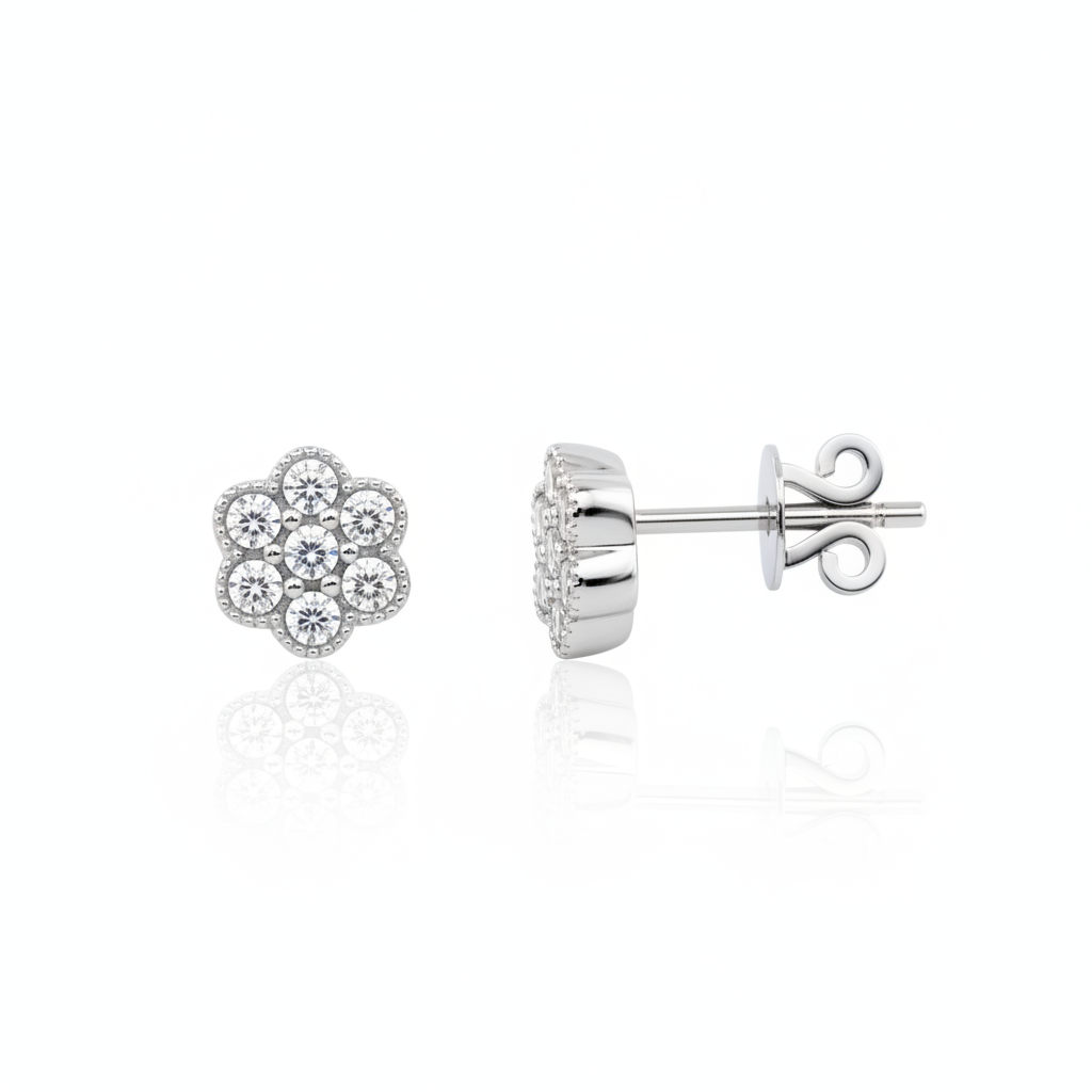 flower cluster stud earrings in white gold on a white background
