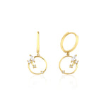 hoop drop earrings with an open ring in yellow gold on a white background