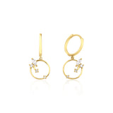 hoop drop earrings with an open ring in yellow gold on a white background