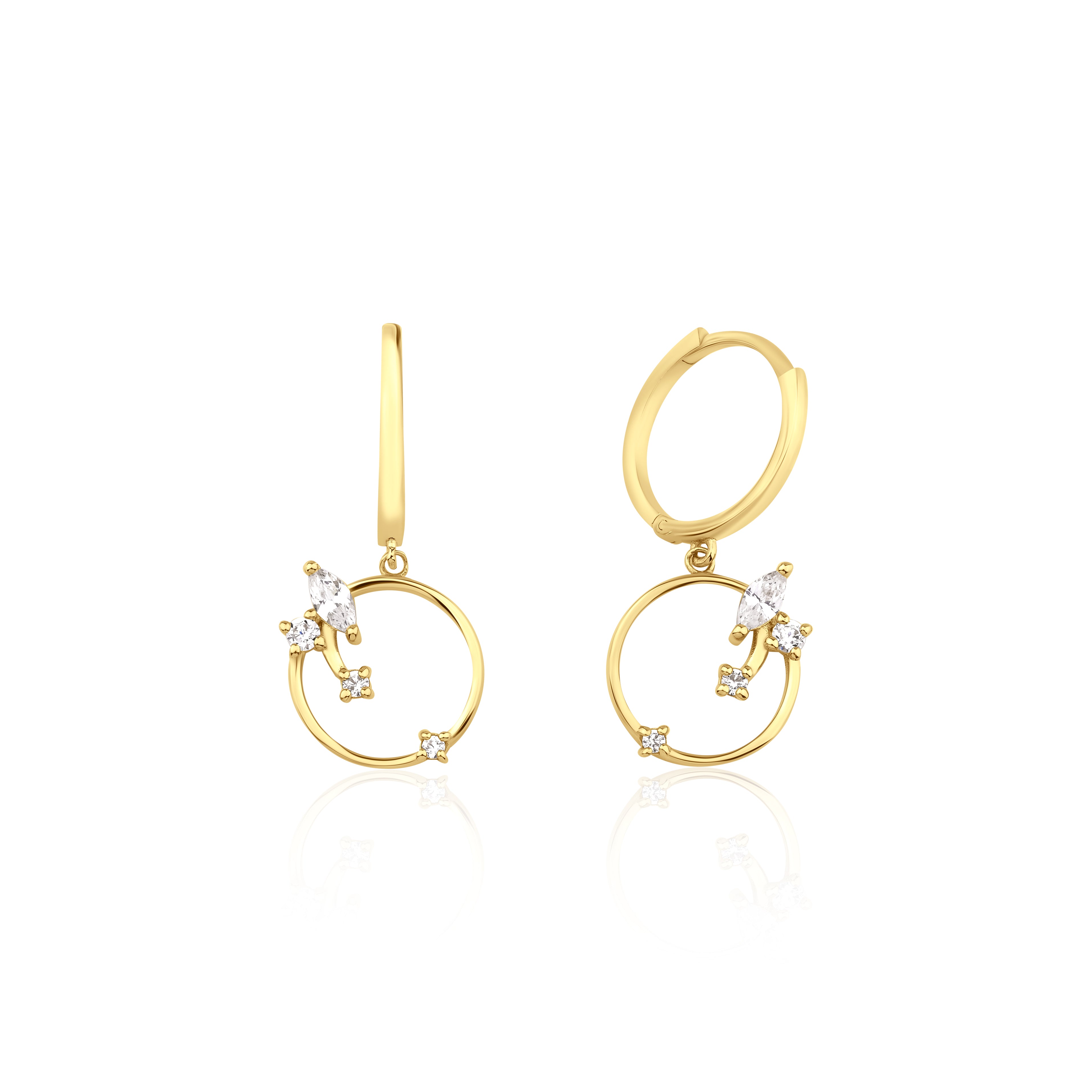 hoop drop earrings with an open ring in yellow gold on a white background