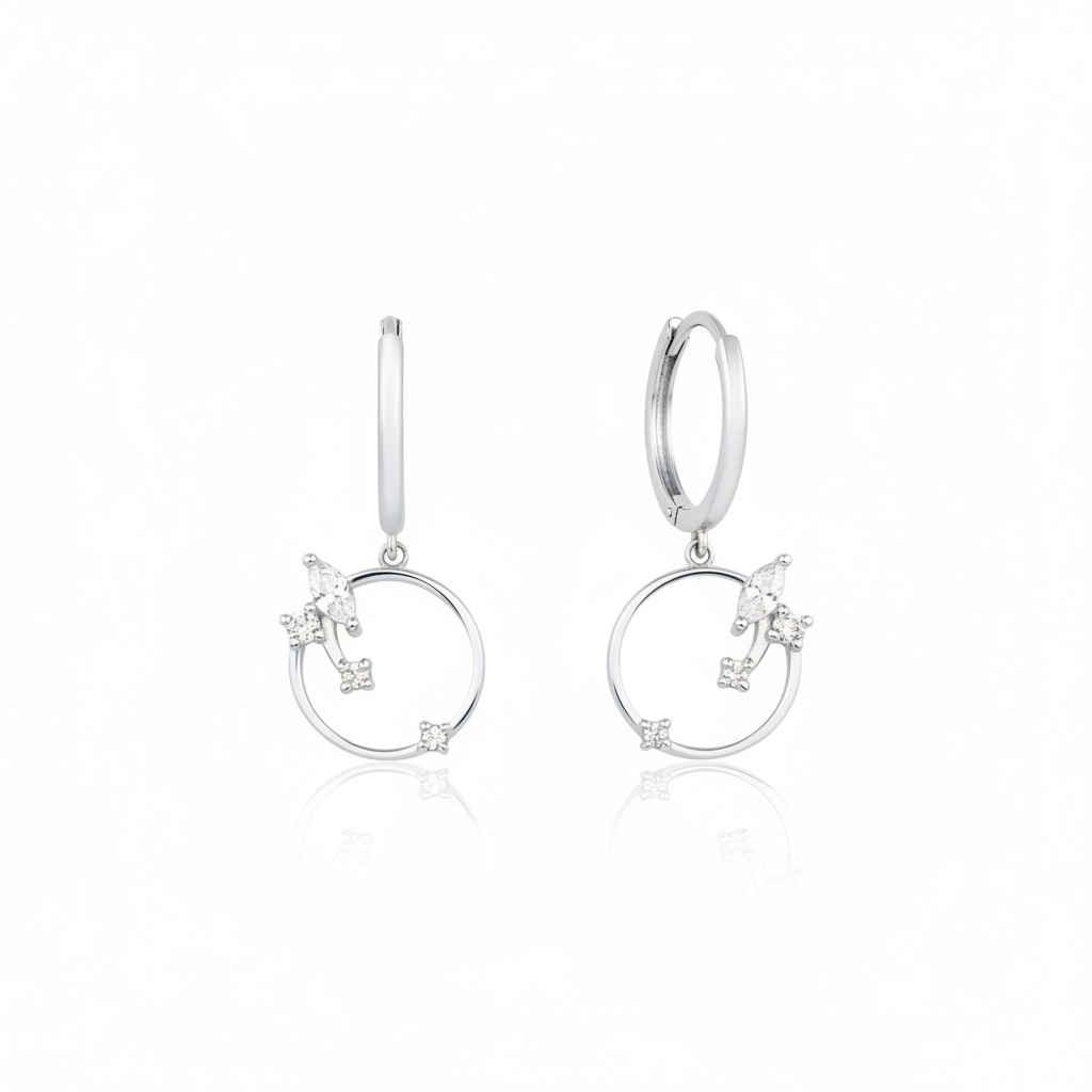 hoop drop earrings with an open ring in white gold on a white background