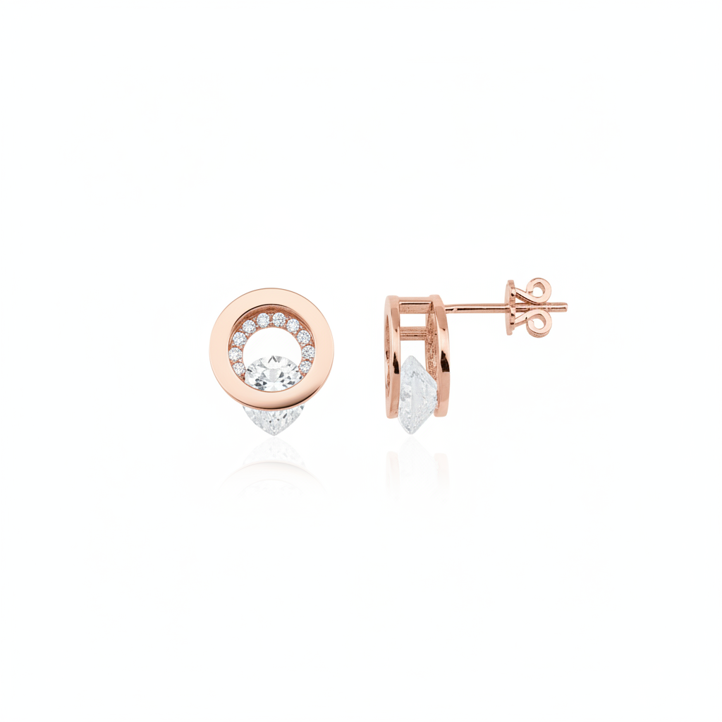 halo stud earrings in rose gold on a white background