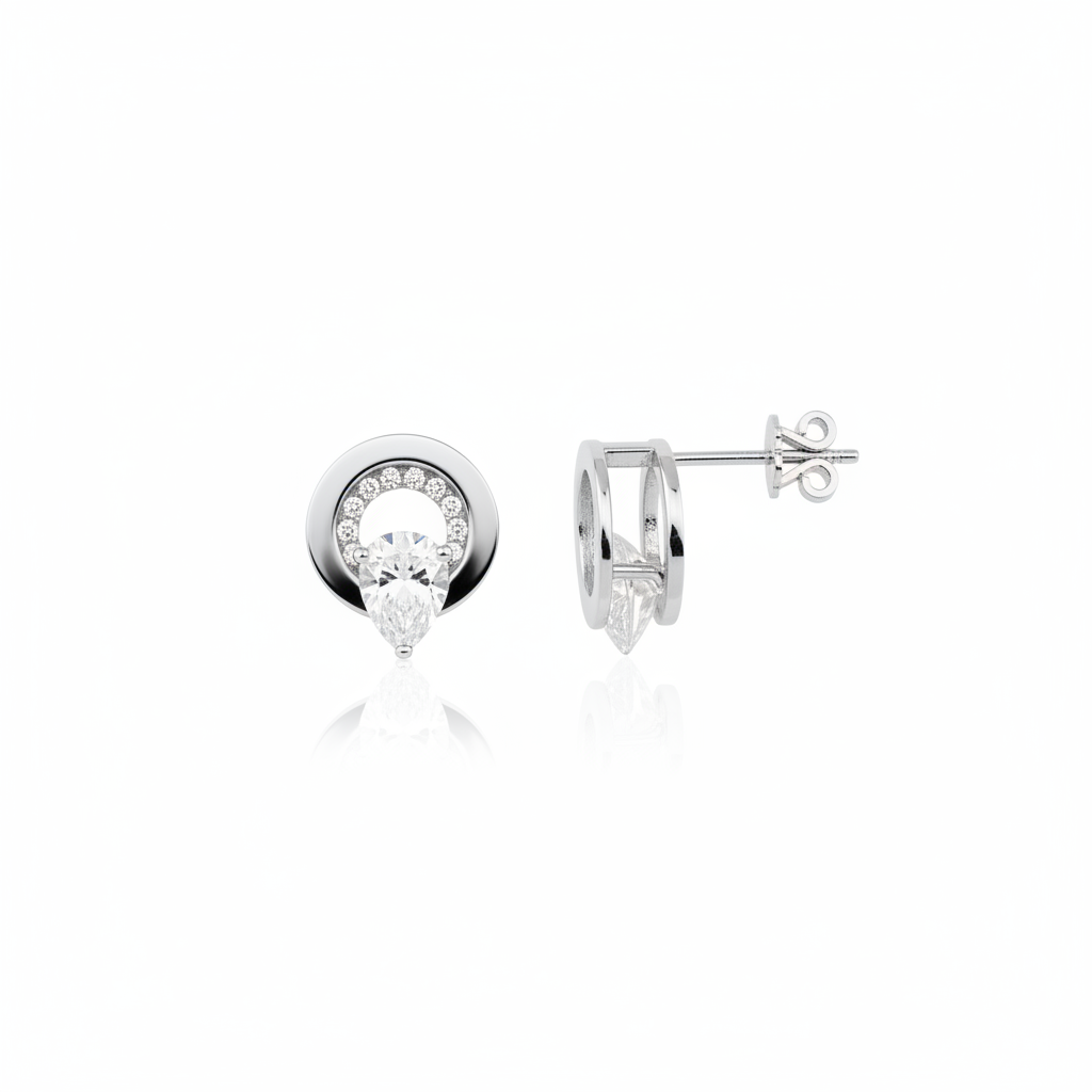 halo stud earrings in white gold on a white background