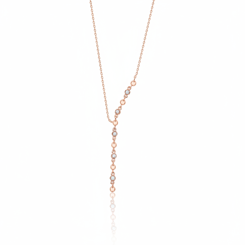 lariat necklace in rose gold on a white background