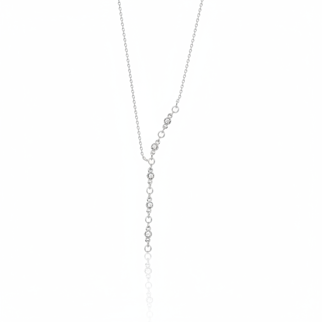 lariat necklace in white gold on a white background