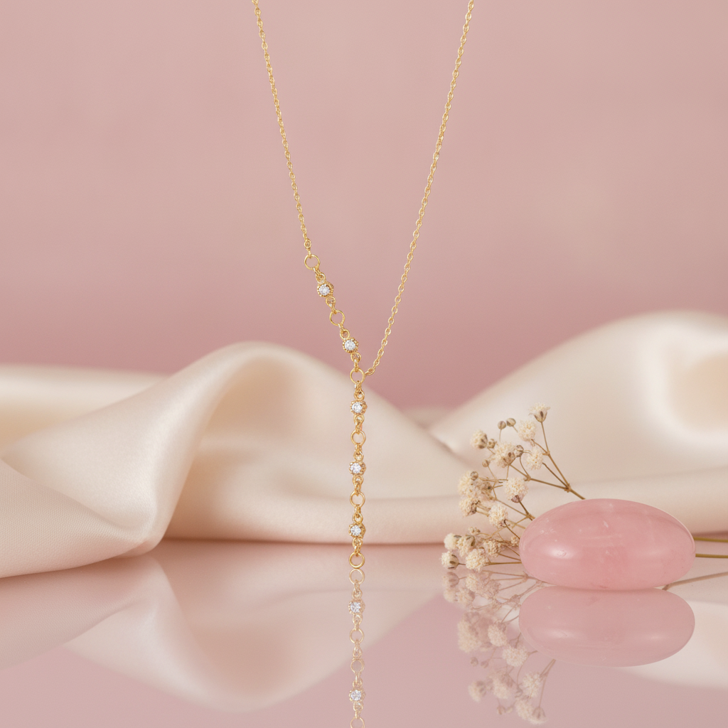 gold lariat necklace with stone stations on a pink backdrop with dried baby's breath and a rose quartz stone
