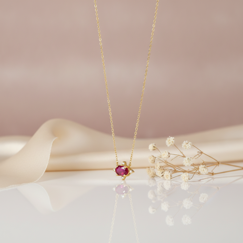 gold pendant necklace with a horizontal oval red gemstone on a cream backdrop with dried baby's breath