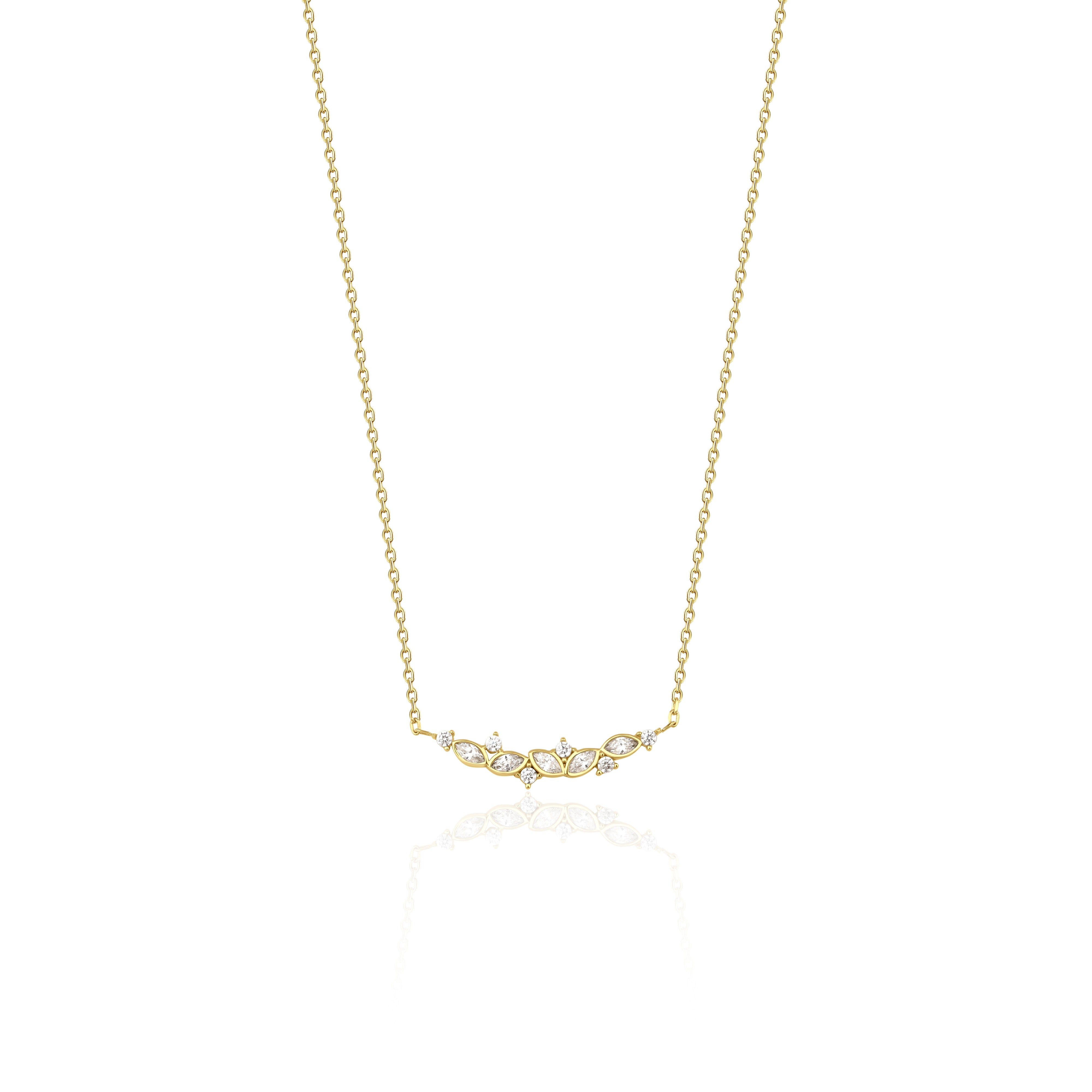 leaf arc necklace in yellow gold on a white background