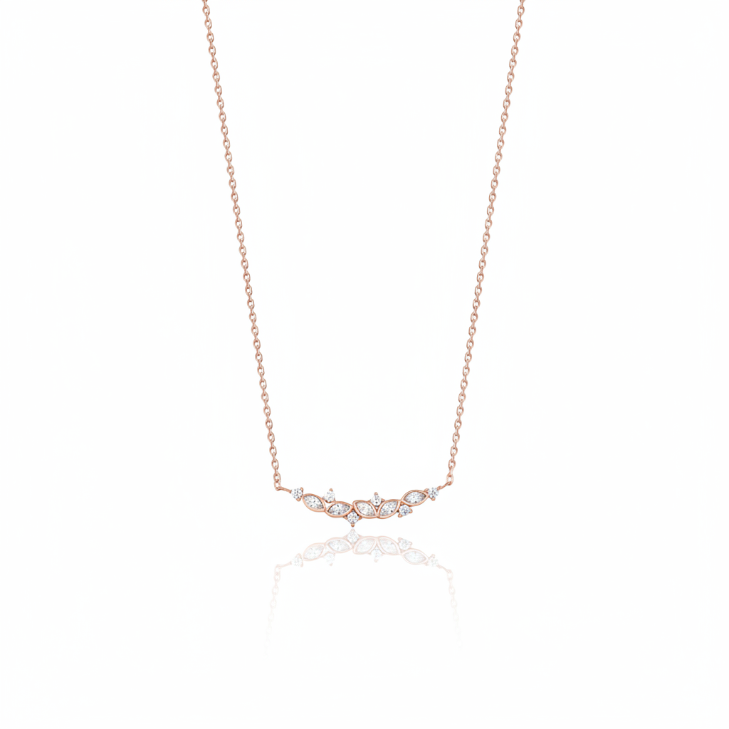 leaf arc necklace in rose gold on a white background