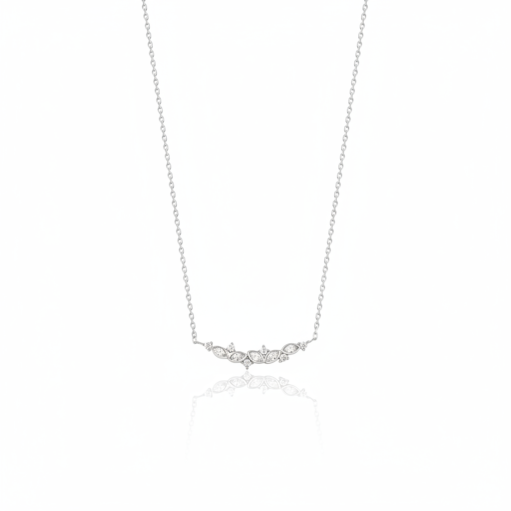 leaf arc necklace in white gold on a white background