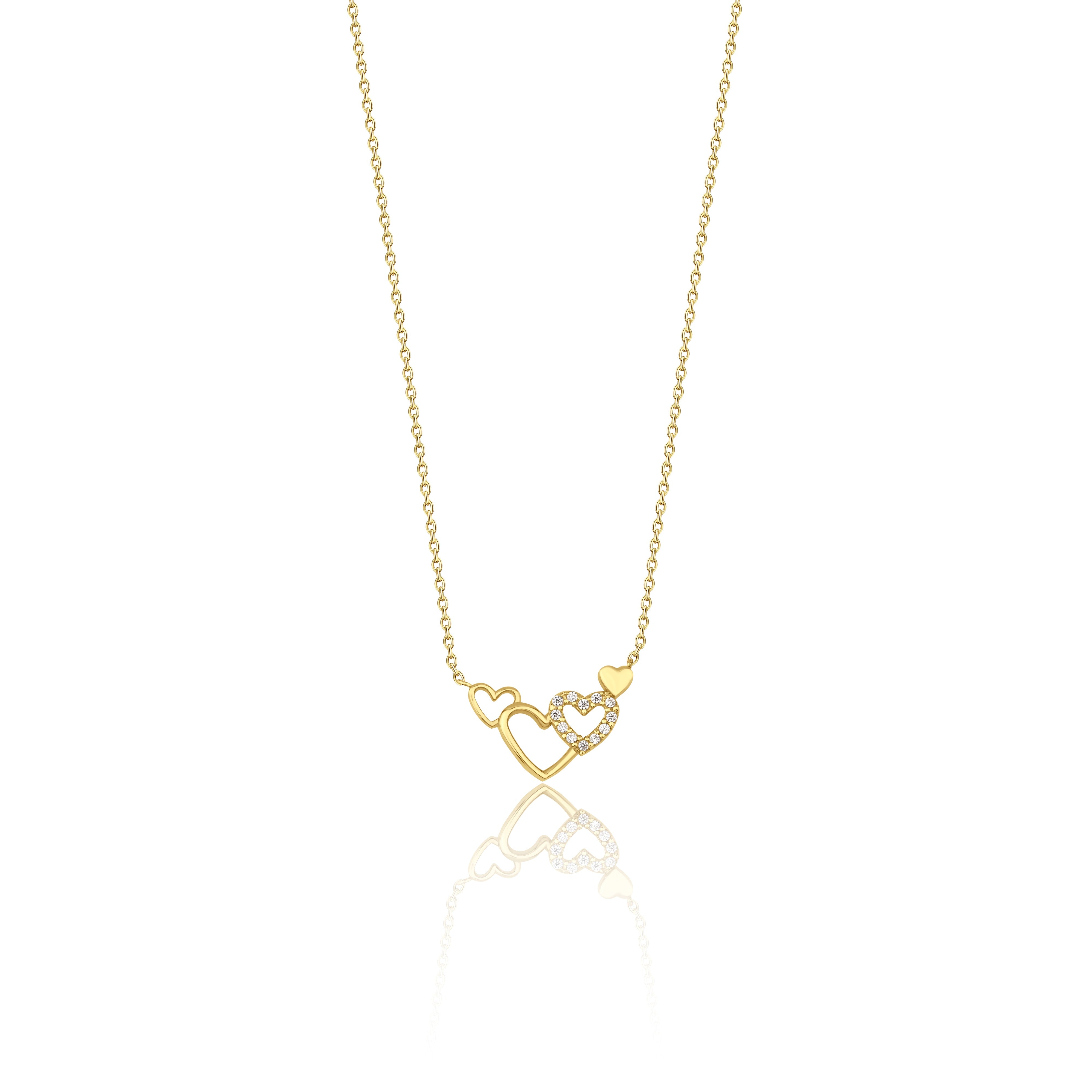 linked hearts necklace in yellow gold on a white background