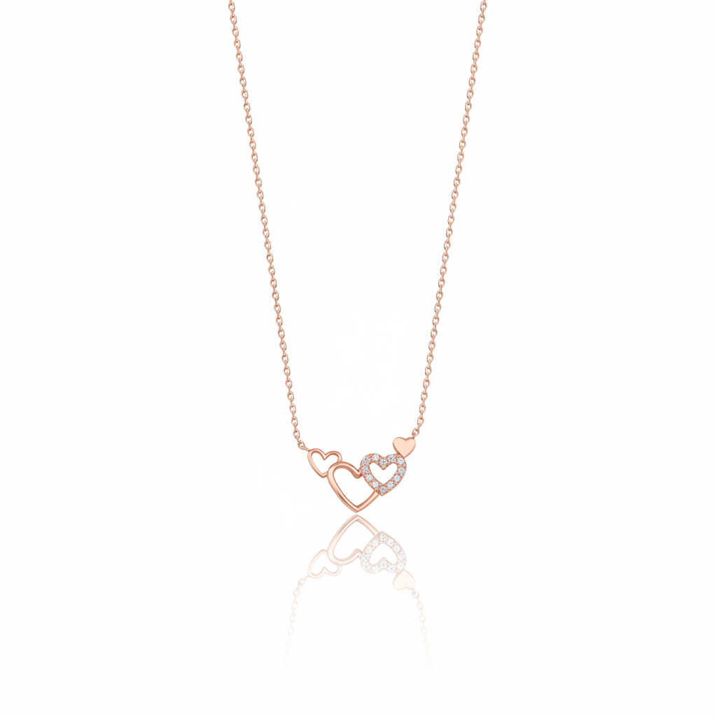 linked hearts necklace in rose gold on a white background